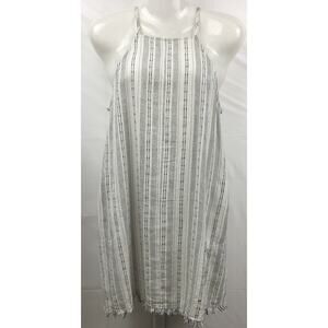 Lush Tunic Top Women Small Beige Stripe Linen Cotton Spagetti Strap Pockets